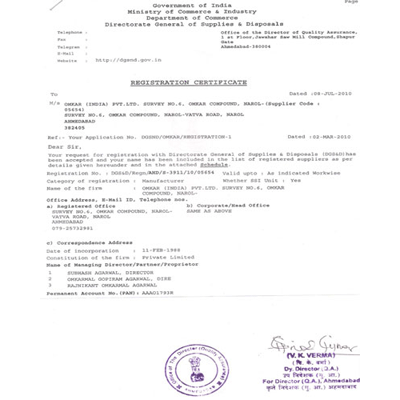 Registration with Central Government's DGS&D for supply of ISI water tanks